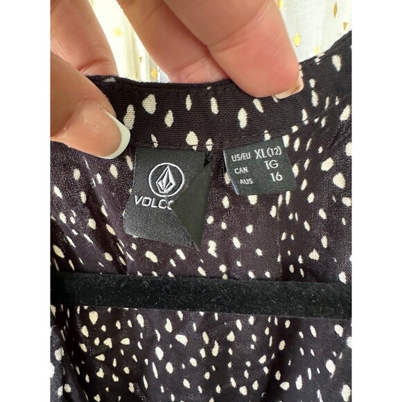 Volcom Dot Flower Trip Bellowed Sleeves Self Belt Tie Drapey Mini Wrap Dress 12 - Picture 8 of 9
